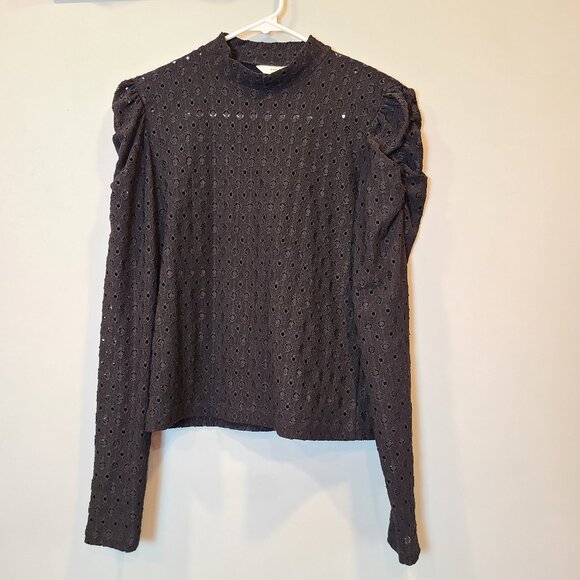 Pigalle Blouse Eyelet Lace Black Long Sleeve Top Womens Small Puff Sleeve - Picture 1 of 7